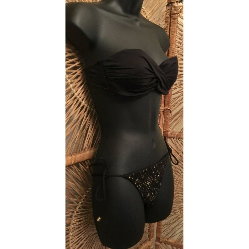Victoria's Secret Womens Bikini Swimsuit Sz 34B/XS Black Gold Metallic‎ Cut Out